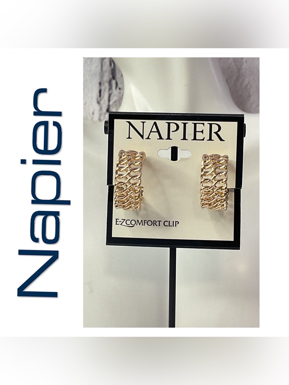 🌟🌟 Napier Gold-Tone Woven Chain Clip Hoop Earrings
